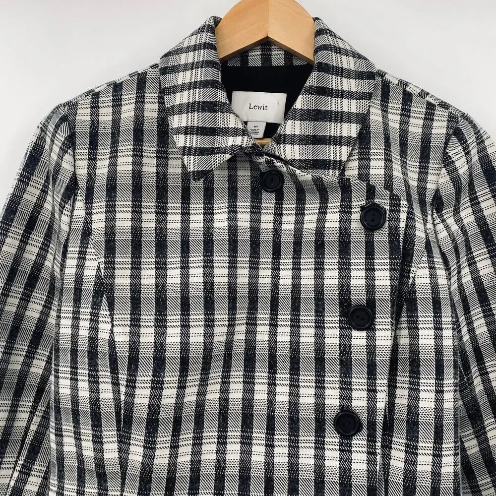 Lewit Chandler Plaid Peplum Jacket Blazer Wool Blend Black Beige Womens Medium
